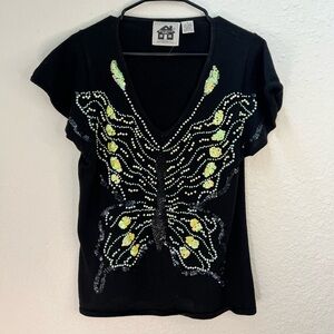 Storybook Knits Black Sequin Butterfly Tee Small
